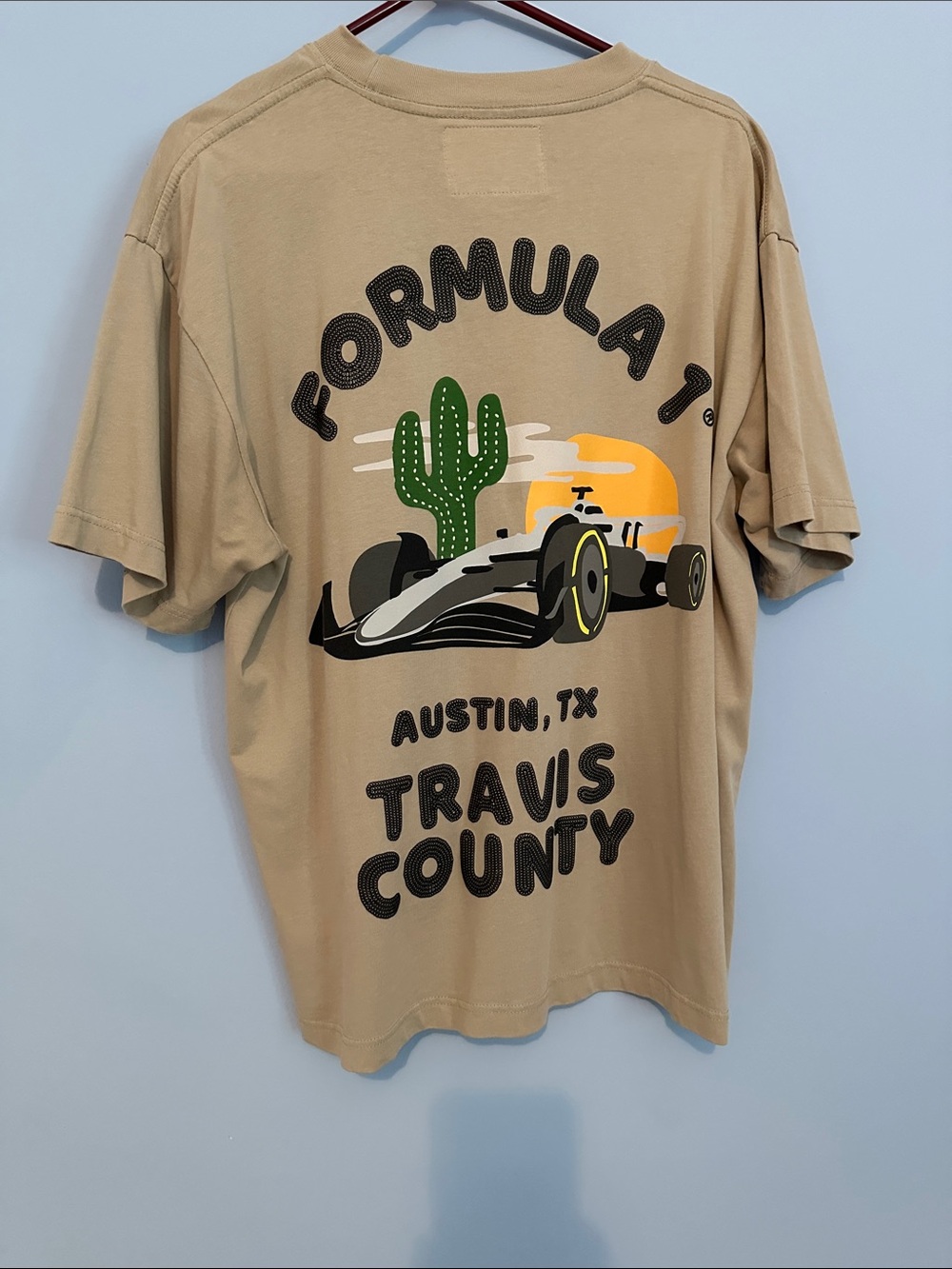 PacSun Tan Formula 1 Graphic Tee with Green Cactus and Yellow Sun
